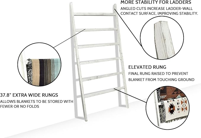 FUIN Extra Wide 6.4ft Wooden Blanket Ladder Living Room Decorative Wal Leaning Farmhouse Quilt Display Holder Rustic Wood Towel Rack for Bathroom, White, 38 inch Wide