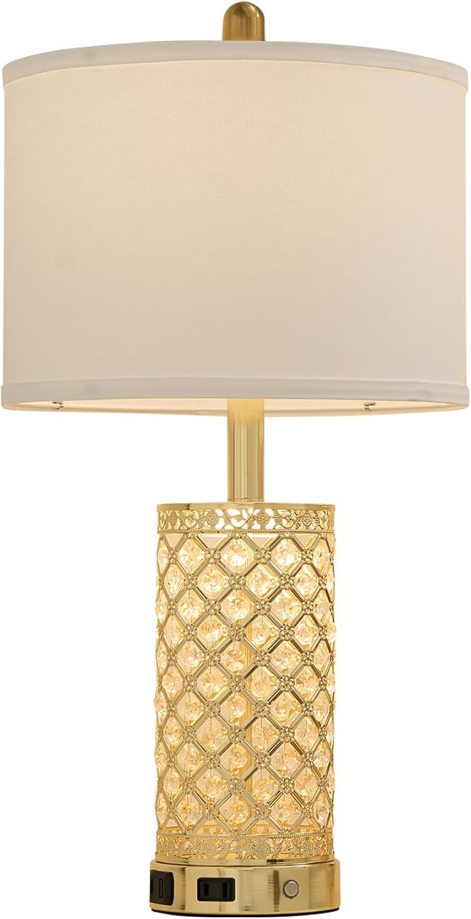 SAIWEYA Crystal Table Lamps Modern 3-Way Dimmable Bedside Lamp with 2 USB Ports & AC Outlets for Living Room Bedroom Nightstand Lamp Night Light (Gold- 1 Pack 24In)