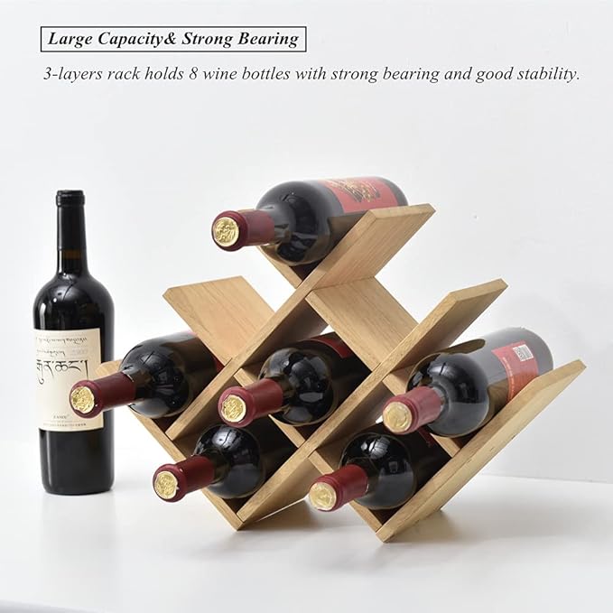 KIRIGEN Wooden 8-Bottle Wine Rack, 3-Tier Countertop Wine Bottle Holder for Cabinets, Bar Cart, Kitchen Counter, Pantry, Dining Room, Wood Stain, 16.73 x 5.91 x 11.14 in, XHJJ3-NA