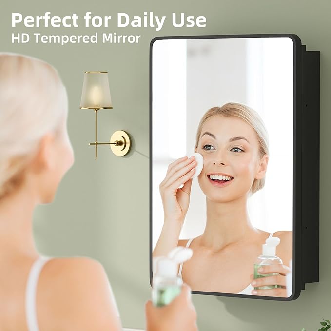 20×28 Black Medicine Cabinet with Mirror, Bathroom Medicine Cabinet with Mirror for Vanity Wall Mounted & Recessed with Cosmetics Storage Rack, 2 Stable and Removable Shelves, Easy Installation