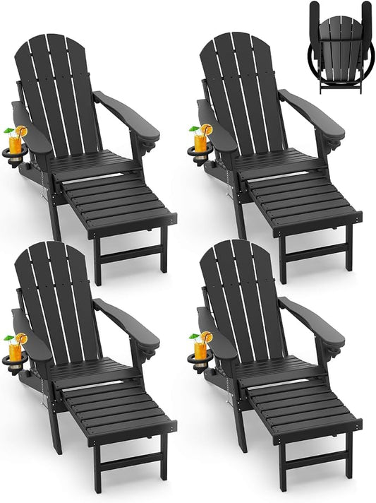 GREENVINES Adirondack-Chairs-with-Ottoman | Set of 4 | Folding | Retractable-Footrest | HDPE Plastic | All Weather Fire Pit Chair | Cup Holders | Black | for Outdoor Poolside