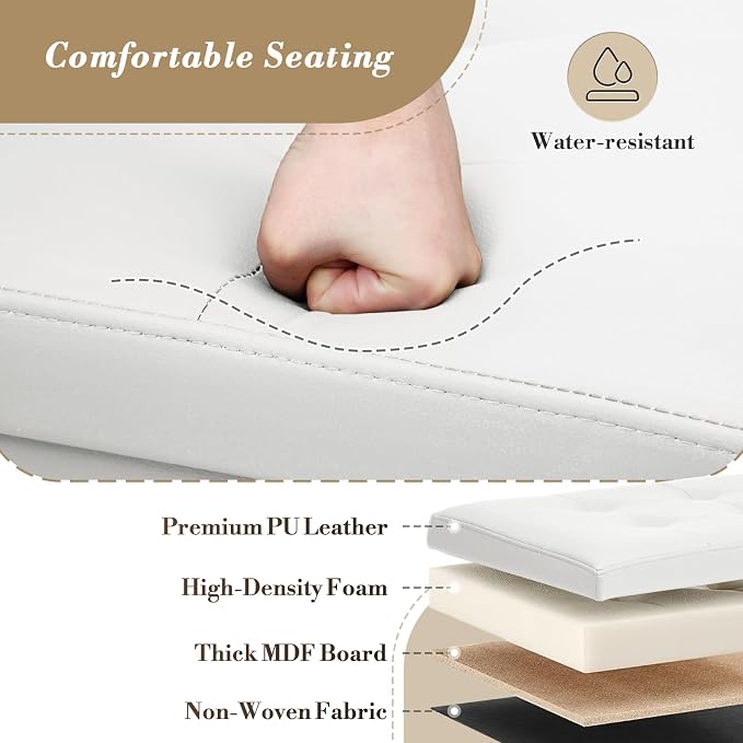 Athena Collection Leather Ottoman with Storage, 30 Inches Large Storage Ottoman Bench with 90L Storage, End of Bed Bench Foot Rest for Living Room, Bedroom, Entry, White