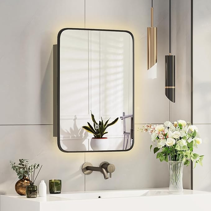 Recessed Medicine Cabinets for Bathroom Medicine Cabinet with Mirror and Lights,Backlight Lighted Medicine Cabinet,Black Medicine Cabinets Wall Mounted,Bathroom Mirror with Storage 16x24