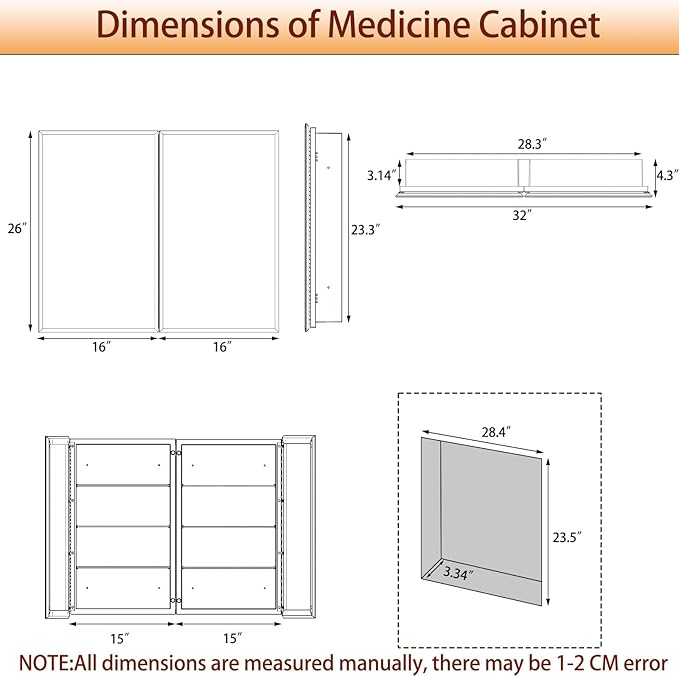Medicine Cabinet with Mirror, 32x26 Inch Bathroom Mirrored Cabinet with Double Doors, Extra Storage Space, Bevel Mirror Wall Cabinet, Recessed or Surface Mount