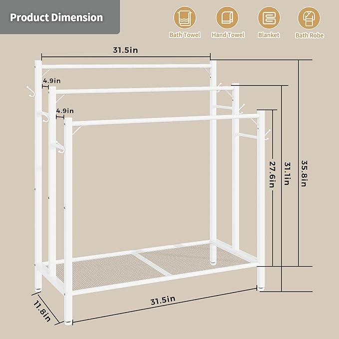 HavenlyYouth 3 Tier Free Standing Towel Rack, Pool Towel Rack with Metal Shelf for Outside, Blanket Drying Holder for Display and Storage in Bathroom, 35.8" H x 31.5" L x 11.8" W, White