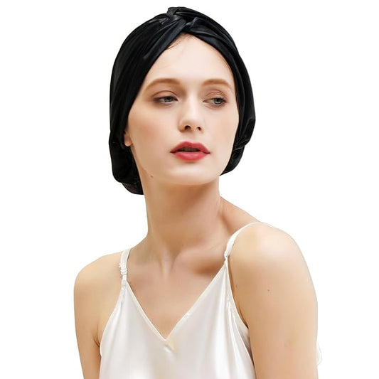 ZIMASILK 22匁 100%マルベリーシルクボンネット 就寝用＆女性ヘアケア用、最高級6Aシルクヘアラップ プレミアムゴムでしっかり固定（1点、ブラック）