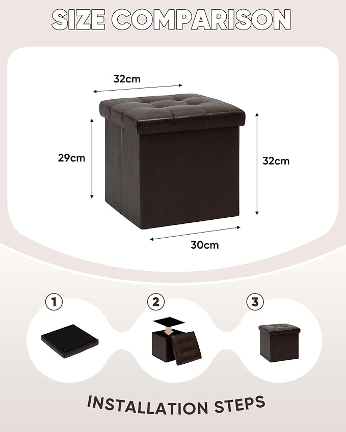 B FSOBEIIALEO Storage Ottoman Small Cube Foot Rest Seat Faux Leather, Brown 12.6"X12.6"X12.6" (2 Pack)