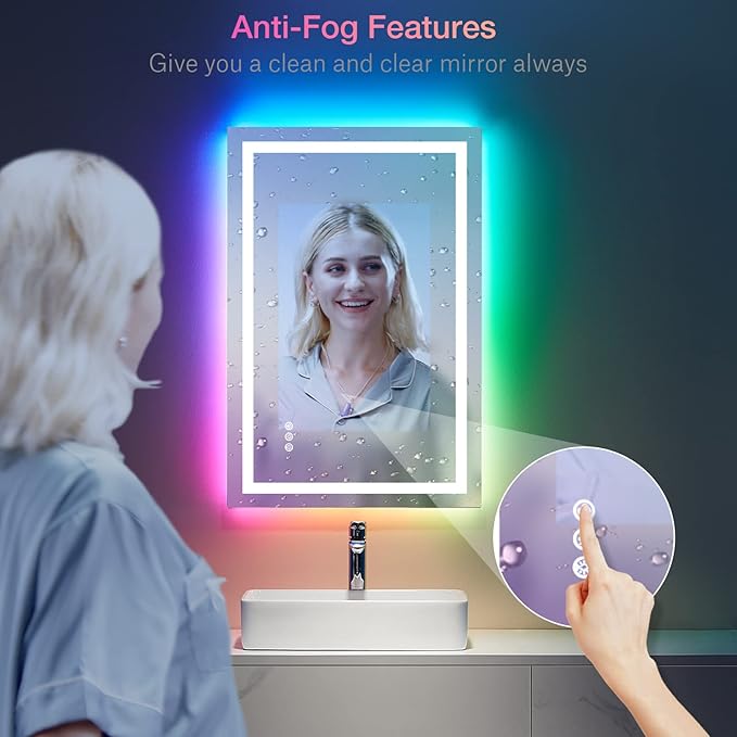 LOAAO 28"X32" LED Bathroom Mirror with Lights, Anti-Fog, Dimmable, RGB Backlit + Front Lighted, Bathroom Vanity Mirror for Wall, Memory Function