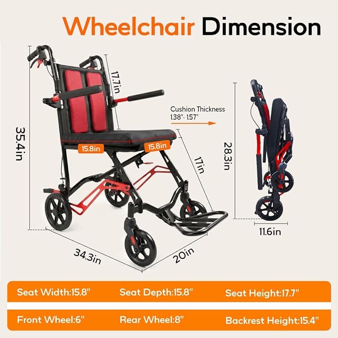18LBS UIltra Lightweight Wheelchairs with Foldable Footrest and Armrests, Transport Wheelchair Lightweight Foldable with Handbrakes, Travel Transport Chair for Adults Seniors Kid, 1s Quick Folding