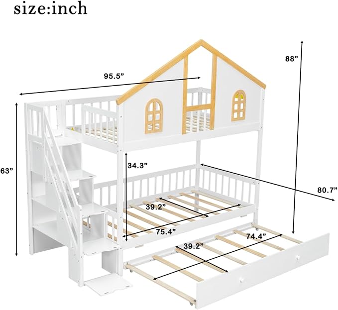 Twin Over Twin Bunk Bed with Trundle and Storage Stairs, House Triple Bunk Castle Bed with Roof and Windows, Bookshelf, Space Saving for Kids, Boys, Girls, Adults, White