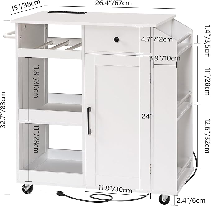 MAHANCRIS Kitchen Island with Power Outlet, Kitchen Storage Island with Drawer, Rolling Kitchen Cart on Wheels, Spice Rack, Towel Rack, Wine Rack, for Dining Room, White KIWT122E01