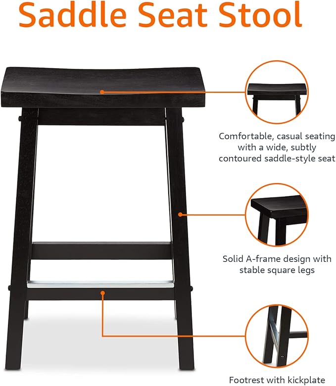 Amazon Basics Solid Wood Saddle-Seat Counter Height Bar Stools for Kitchen Island with Footrest, 24-Inch Height, Black, Set of 2