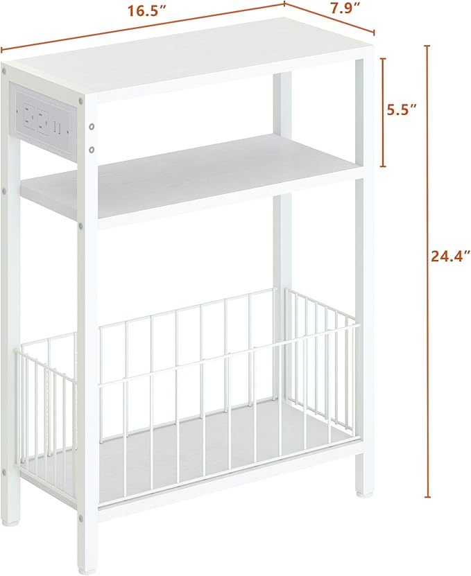 TRIFEBLE Narrow Side Table with Charging Station, Small End Table for Small Spaces, Slim Nightstand with Storage Basket, 3 Tier Skinny Bedside Table for Living Room, Bedroom, White