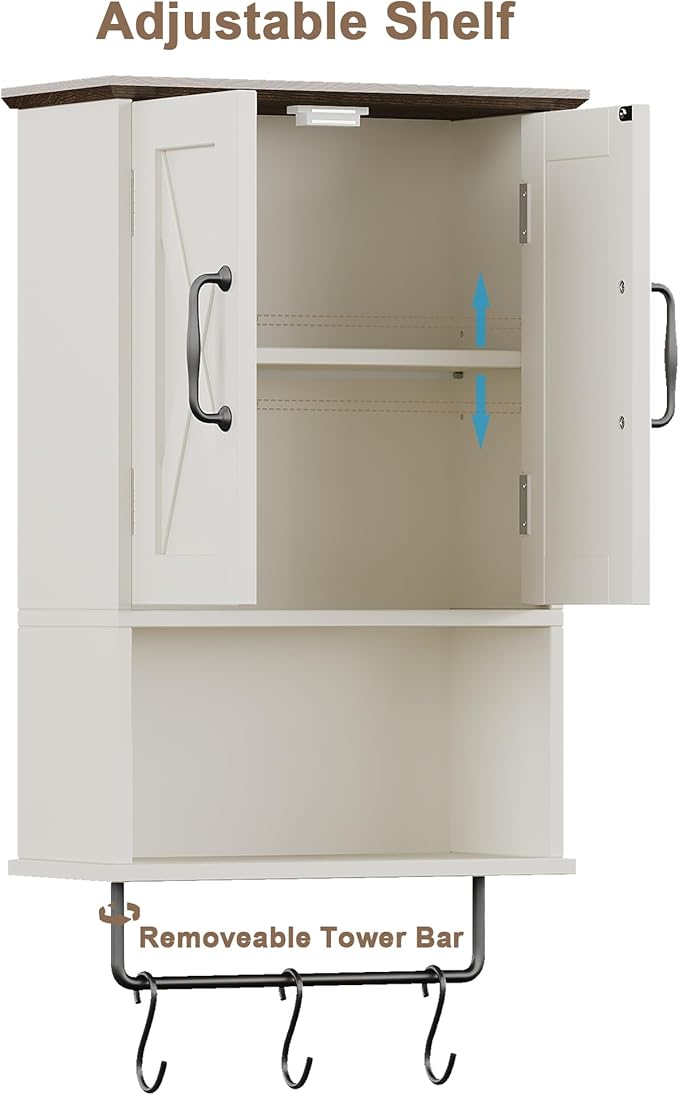 ChooChoo Farmhouse Medicine Cabinet, Bathroom Wall Cabinet with Adjustable Shelf, Towel Bar, 3 Hooks, Over The Toilet Storage Cabinet for Bathroom, Kitchen, Antique White & Brown