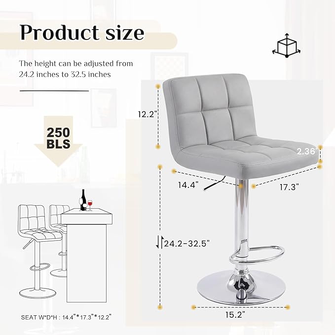 DUMOS Bar Stools Set, 24 inch Counter Height Bar Stools, Upholstered Modern Kitchen Barstools with Metal Base, PU Leather Saddle Stools for Kitchen Island