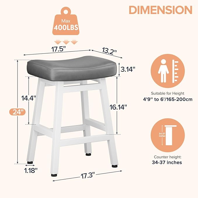 Raynesys Counter Height Bar Stools Set of 3, 24 Inch Barstools for Kitchen Counter, Kitchen Stools with Bonded Leather Saddle Seats & Heavy Duty Metal Legs, Easy Assembly, Gray/White
