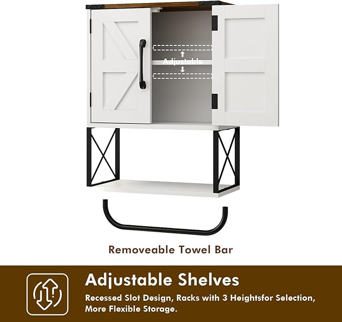 RUSTOWN Farmhouse Rustic Medicine Cabinet with Two Barn Door,Wood Wall Mounted Storage Cabinet w/Dark Brown Top & Adjustable Shelf and Towel Bar, 3-Tier Cabinet for Bathroom(White)