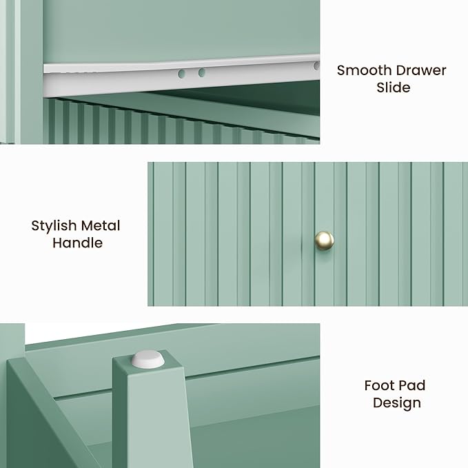 RoyalCraft Fluted Nightstand with 2 Drawers, Colorful Nightstand for Bedroom, Modern Wooden End Table with Storage for Small Spaces, Tall Side Sofa Table for Couch, Home Office, Milky Green