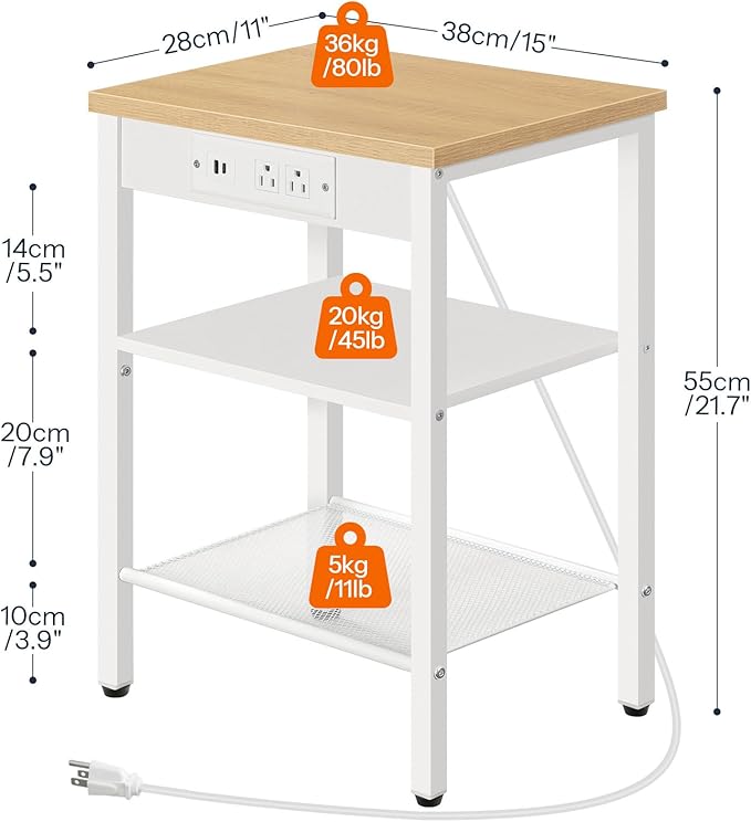 HOOBRO Side Table with Charging Station and USB Port, Small End Table for Small Space, 3-Tier Nightstand with Adjustable Shelf, for Living Room, Bedroom, Natural and White WN112BZ01