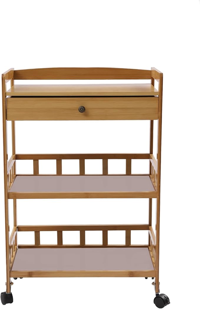 Bamboo Home Kitchen Island Trolley with Storage Drawer Stand 3 Tiers Shelves Cart Mobile Kitchen Utility Cart Storage Shelf Rack for Dining Room