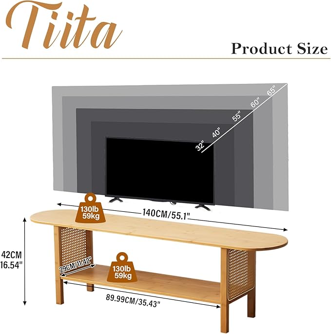 Tiita TV Stand with Storage for TVs up to 65'', Bamboo TV Console Entertainment Center with 2 Open Shelf, Mid Century Modern Media Console for Living Room, Bedroom, Wood