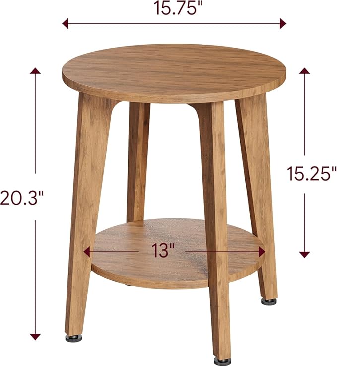Simple Trending Round Side Table, Small End Table, Nightstand Bedside Table with Tapered Legs, for Living Room, Rustic Walnut