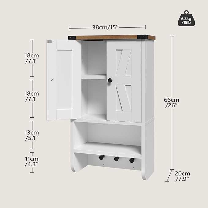 MAHANCRIS Bathroom Wall Cabinet, Farmhouse Medicine Cabinet with Adjustable Shelf, 3-Tier Wall-Mounted Storage Cabinet with 3 Hooks and Open Shelf, for Bathroom, Living Room, Kitchen, White and Walnut