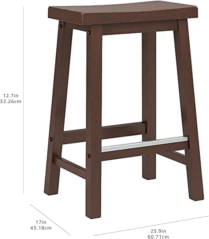 Amazon Basics Solid Wood Saddle-Seat Counter Height Bar Stools for Kitchen Island with Footrest, 24-Inch Height, Walnut, Set of 2