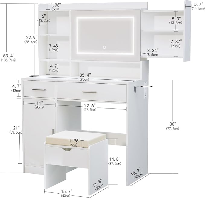 Viaozutis Vanity Desk with Mirror and Lights, with Hidden Shelves,4 Compartments,2 Drawers,Cabinet & Stool,Dimmable LED Lights,Power Outlets, Ideal for Bedroom Vanity Organization(White)