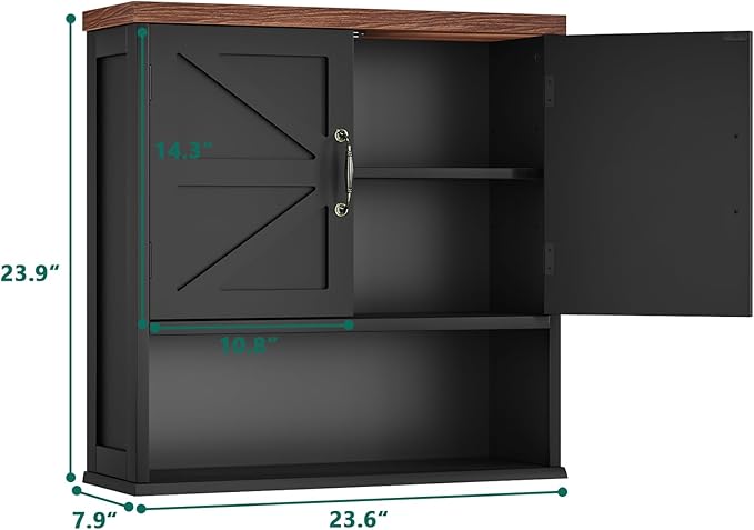 Smuxee Farmhouse Bathroom Cabinet Wall Mounted, Black Medicine Cabinet with Adjustable Shelf, Bathroom Cabinet for Living Room, Laundry Room