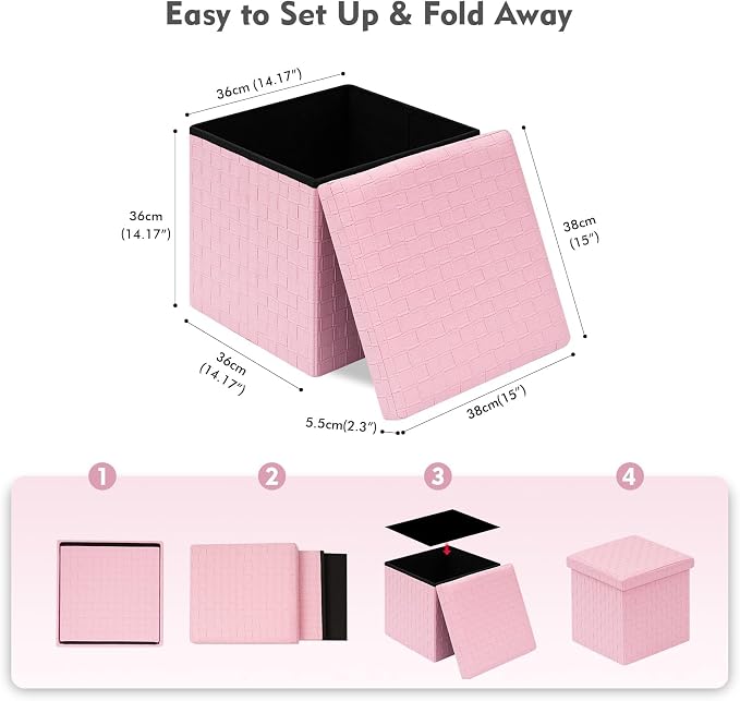 B FSOBEIIALEO Storage Ottoman, Faux Leather Footrest Seat, Ottoman with Storage Cube, Storage Box 15"x15"x15" (Pink, Medium)