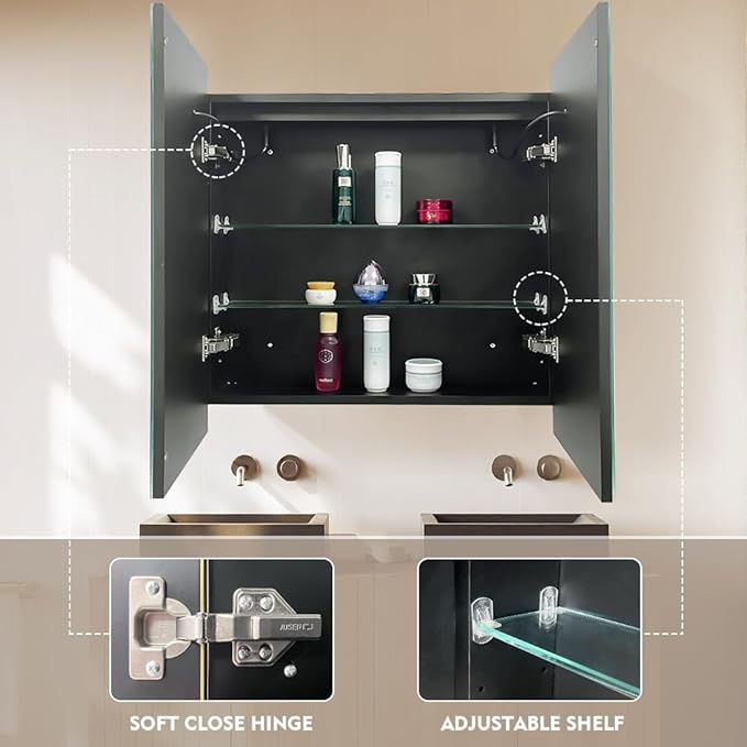 LED Medicine Cabinet with Light,36×32inch,Recess Mirror Cabinet for Bathroom,3 Color,Dimmable,Demister,Detachable Side Plate,Recess Mount or Surface Mount