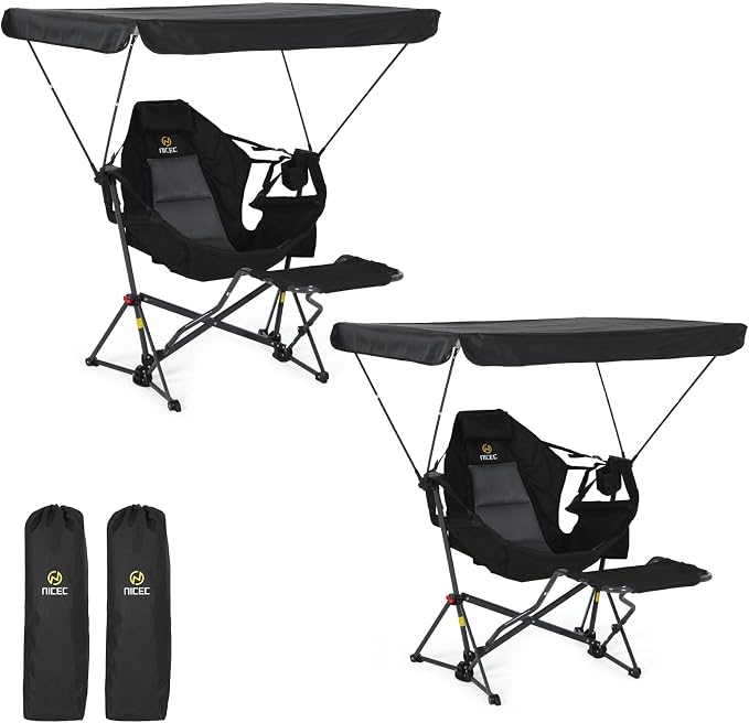 Nice C Hammock Chair with Canopy Footrest, Portable Swinging Camping Chair with Shade, Folding Rocking Umbrella Chair, Detachable Footrest, Cup Holder, Carry Bag for Camping, Beach (2 Pack)