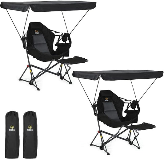 Nice C Hammock Chair with Canopy Footrest, Portable Swinging Camping Chair with Shade, Folding Rocking Umbrella Chair, Detachable Footrest, Cup Holder, Carry Bag for Camping, Beach (2 Pack)