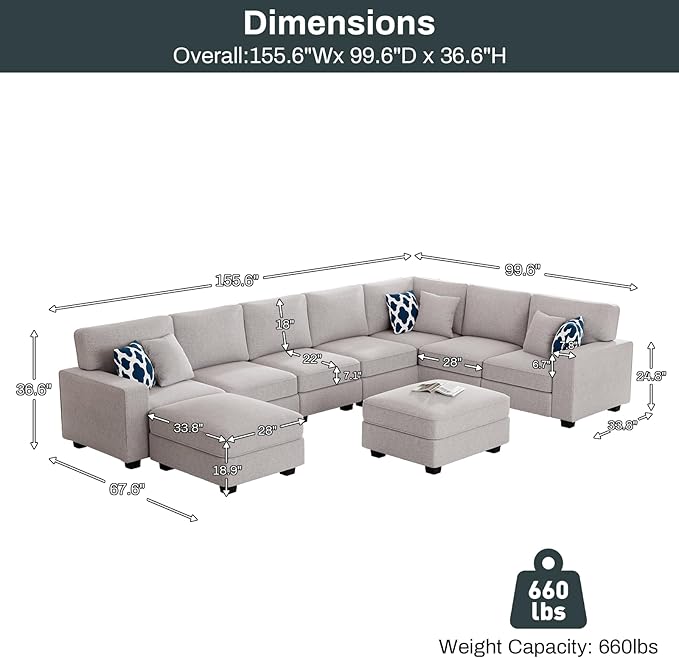 Legend Vansen Oversized Modular Sectional Sofa,U/L‑Shaped Reversible Couch with Ottoman,Deep Seat Plush Polyester Sofa for Living Room,9‑Seate,Light Grey