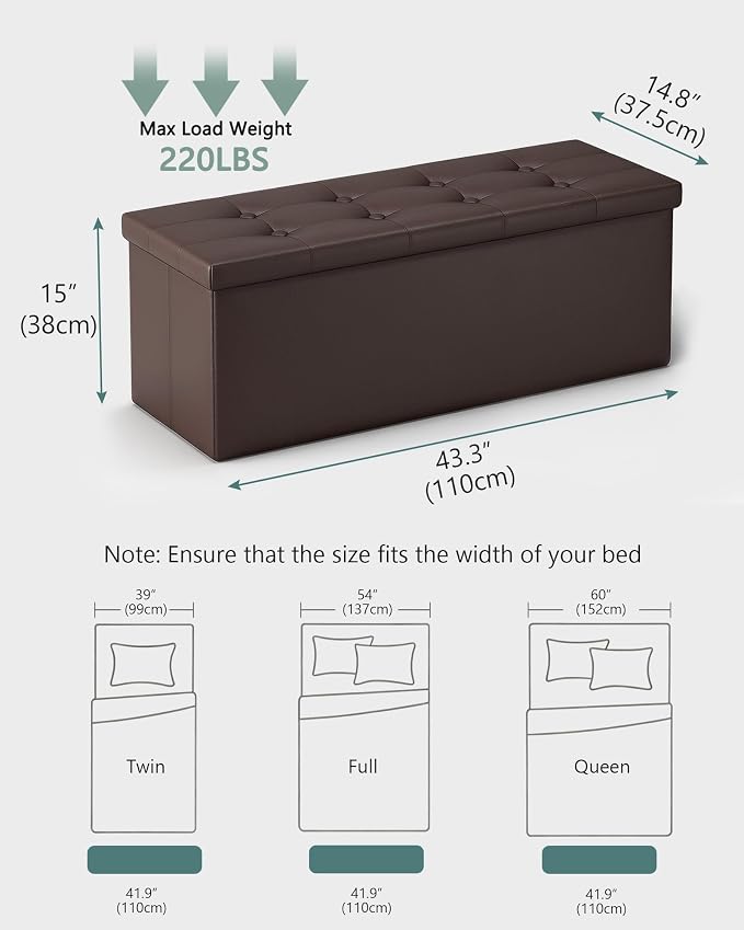 LITZFUR 43 Inches Folding Storage Ottoman Bench, PU Leather Storage Chest, Footrest Padded Seat for Bedroom and Hallway, Holds up to 660 lbs, Brown