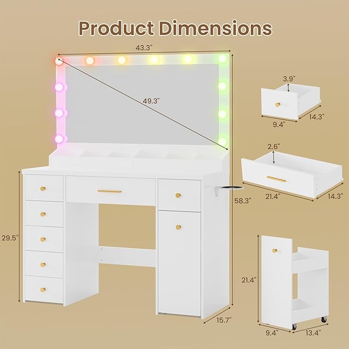 LAKEMID White Vanity Desk with Mirror and Lights, Makeup Vanity Table with Outlet and 8 Drawers,Makeup Table with 20 Color RGB Led Lights,Dressing Table for Bedroom Women