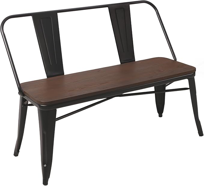 YOLENY Dining Bench, Entryway Bench with Back, Farmhouse Metal Dining Bench, Industrial Mid-Century 3 Person Rustic Spindle Bench, with Wood Seat, Removable Backrest, 42in, Black