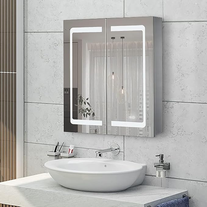 Stainless Steel LED Medicine Cabinet,Bathroom Mirror Cabinet with Light,3 Color,Dimmable,Equipped with Defogger,USB Shavor Socket,Internal Light,24×28 Inch