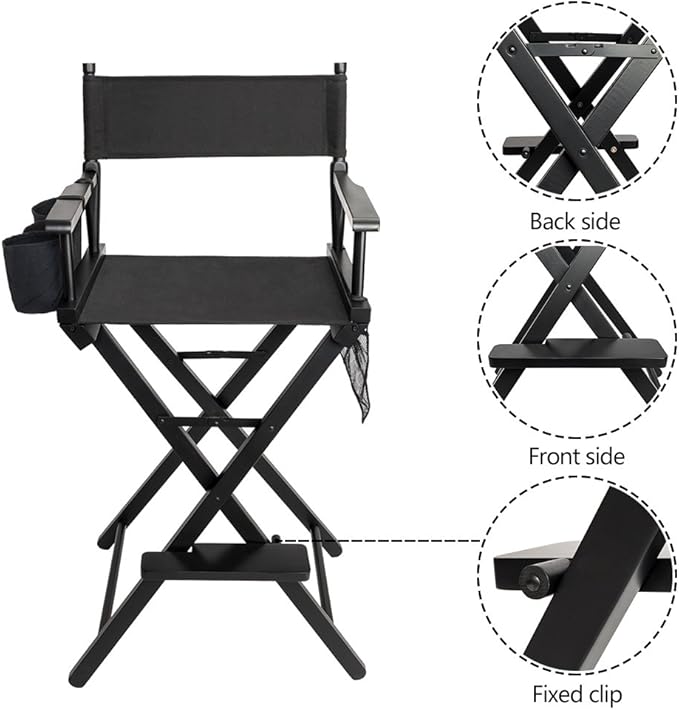 OmySalon Upgraded 31" Height Tall Director Chair Folding Artist Makeup with Replacement Cover Canvas, Storage Side Bags, Portable Footrest, Support 250 lbs,Solid Hardwood & Polyester Black