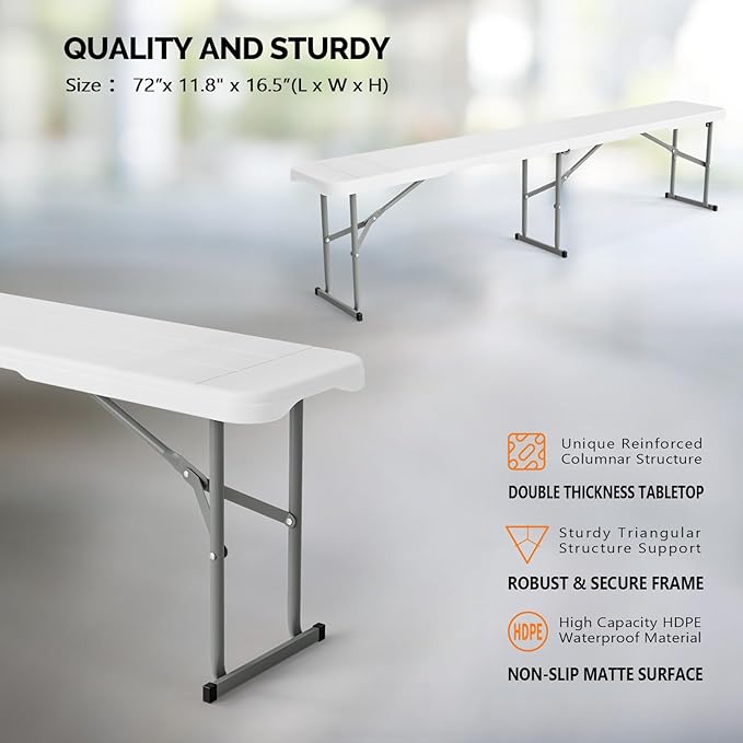 VINGLI 6 feet Plastic Folding Bench,Portable in/Outdoor Picnic Party Camping Dining Seat, Garden Soccer Multipurpose Entertaining Activities, Smooth HDPE Tabletop (1, White, 6ft)