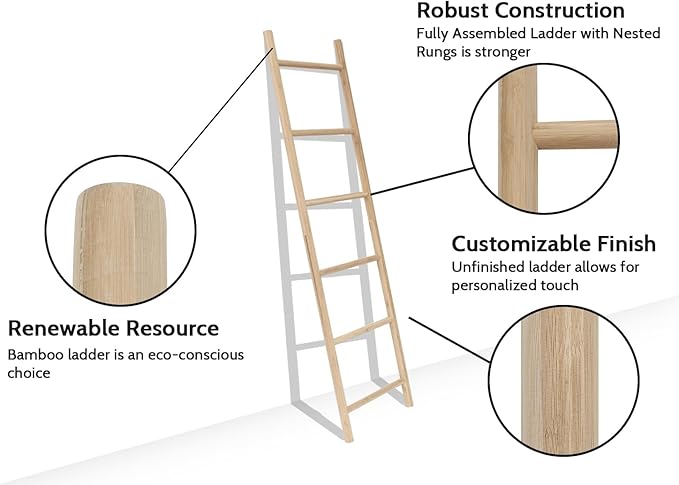 FUIN Fully Assembled 6ft Bamboo Blanket Ladders Living Room Wood Decorative Wall Leaning Farmhouse Quilt Display Holder Rustic Wooden Towel Rack for Bathroom, Unfinished