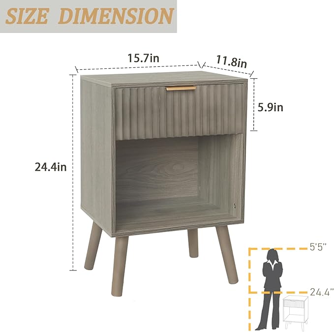 Fultyle Mid Century Modern Nightstand, Wood Bedside Table with Drawer and Opening Storage, End Table Living Room Fluted Night Stand with Solid Wood Legs for Bedroom (Grey)