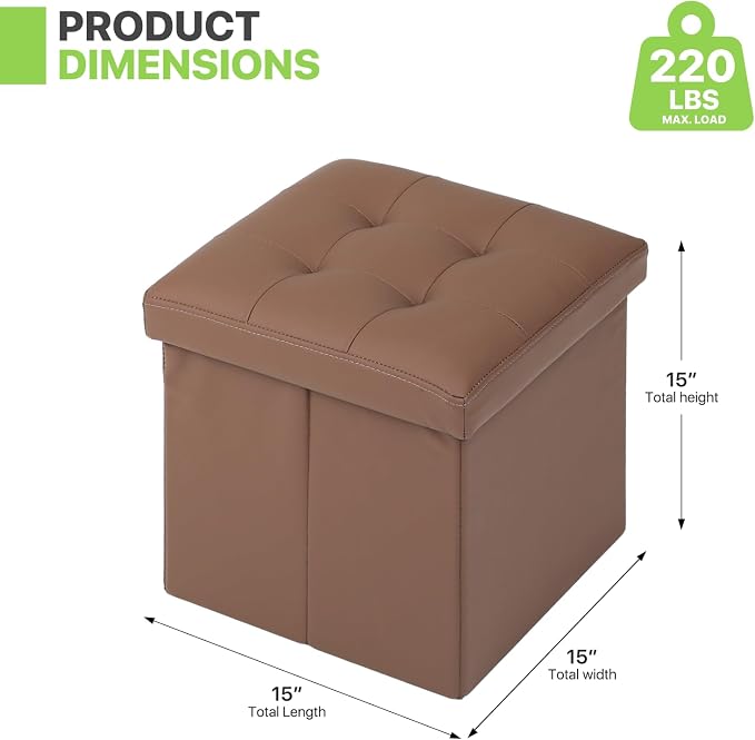 Magshion Small Folding Storage Ottoman Cube, 15 Inches PU Leather Footrest Stool, Square Ottoman with Storage for Entryway, Living Room, Bedroom, Brown