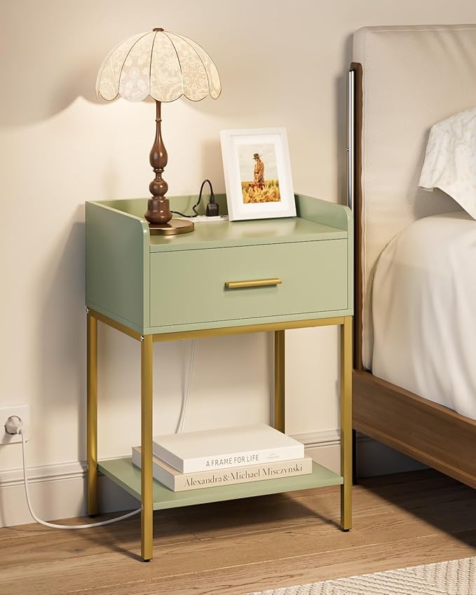 Nightstand with Charging Station,3-Tier Modern Bedside Table Night Stand with Storage Drawer and Open Shelf,Small End Side Table for Bedroom,Living Room,Green