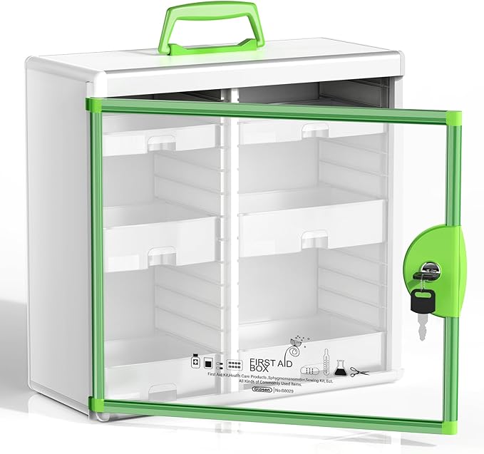 Glosen Lockable Medicine Cabinet with 6 Removable Trays, Wall Mounted & Portable Locking Medicine Cabinet Organizer with Key Lock for Home, Bathroom, Office - Aluminum Frame(15.63 * 6.5 * 15.43Inch)