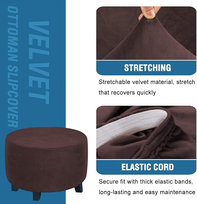 H.VERSAILTEX Round Ottoman Slipcover Ottoman Covers Slipcover Footstool Protector Covers Storage Stool Ottoman Covers Stretch with Elastic Bottom, Feature Real Velvet Plush Fabric (Medium, Brown)