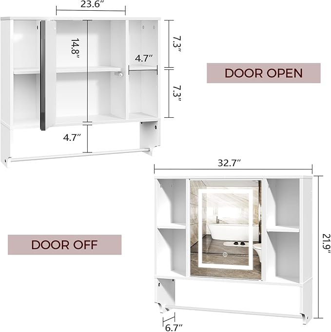 MAHANCRIS Bathroom Wall Cabinet with Mirror, Wall Mounted Medicine Cabinet with Color Adjustment LED Lights, Mirrored Over The Toilet Storage Cabinet with Adjustable Shelves, 23.6''W x 21.6''H, White