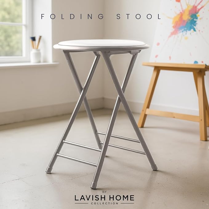 Lavish Home Folding Stool - Backless 24-Inch Stool with 225lb Capacity for Kitchen or Rec Room - Portable Indoor Counter Bar Stools (White)