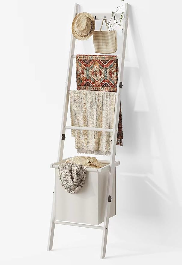 BAMBANG Bamboo Blanket Ladder with Basket, 5-Tier Quilt Rack Stand with 4 Hooks & Storage Hamper for Living Room Bathroom, Wall Leaning Decorative Ladder Shelf for Blankets Display (White)